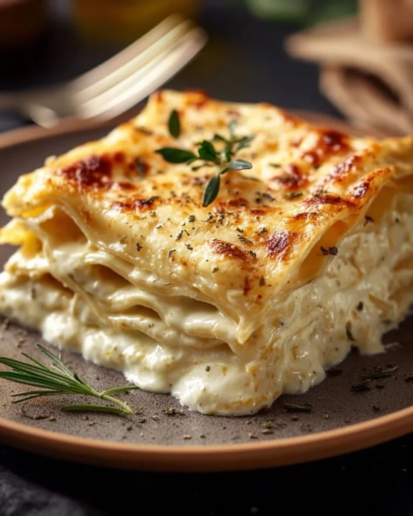 Creamy white lasagna served in a dish with melted cheese and herbs