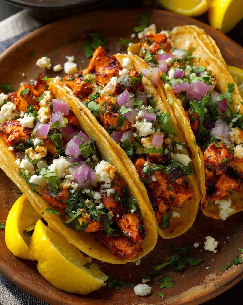 Crispy honey chipotle chicken tacos garnished with fresh toppings