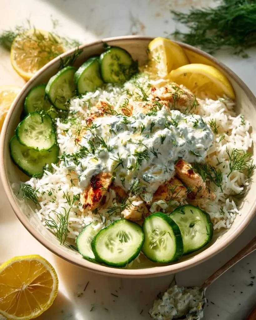Dump-and-Bake Chicken Tzatziki with Rice served in a bowl