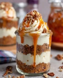 Easter carrot cake trifle with layers of cake, cream, and carrots in a glass dish.