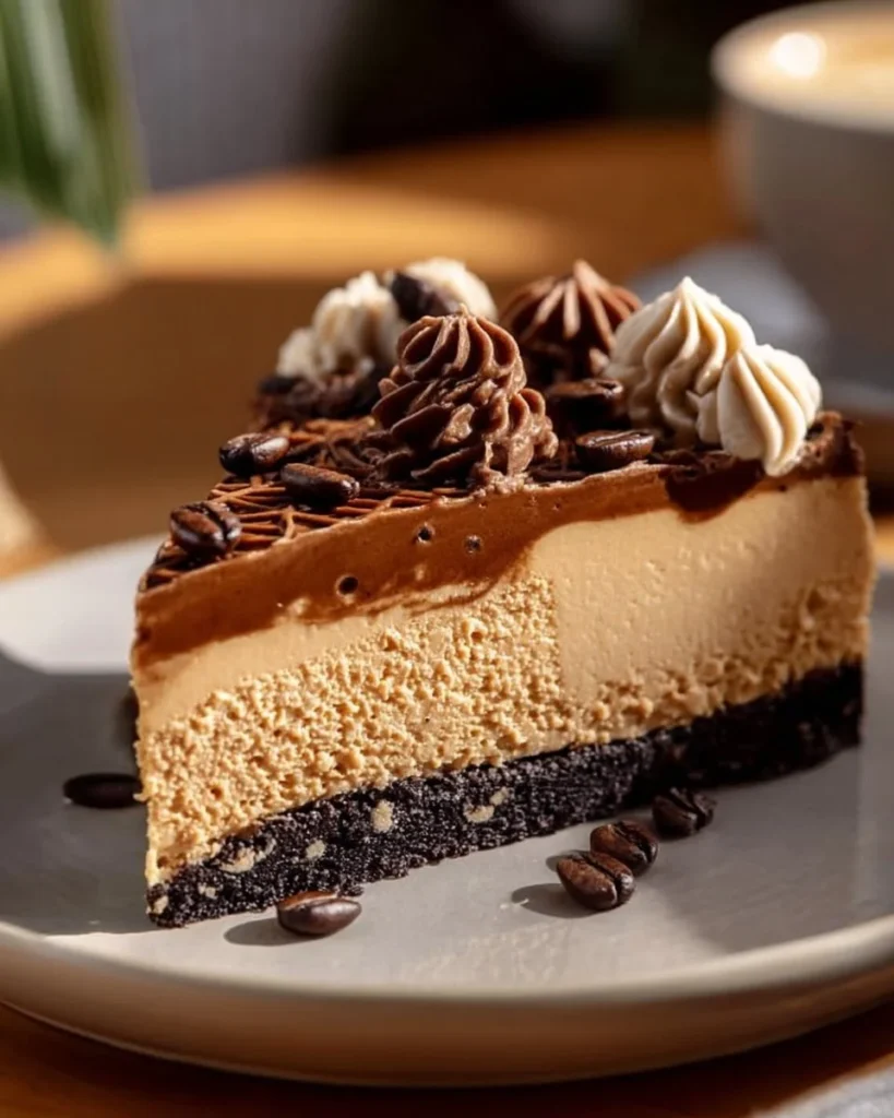 Slice of delicious Espresso Coffee Cheesecake topped with coffee beans