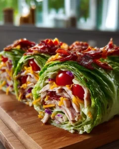 Keto Turkey Club Lettuce Wraps with turkey, bacon, and avocado ingredients