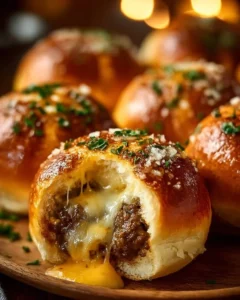 Garlic Parmesan Cheeseburger Bombs served on a rustic wooden platter.