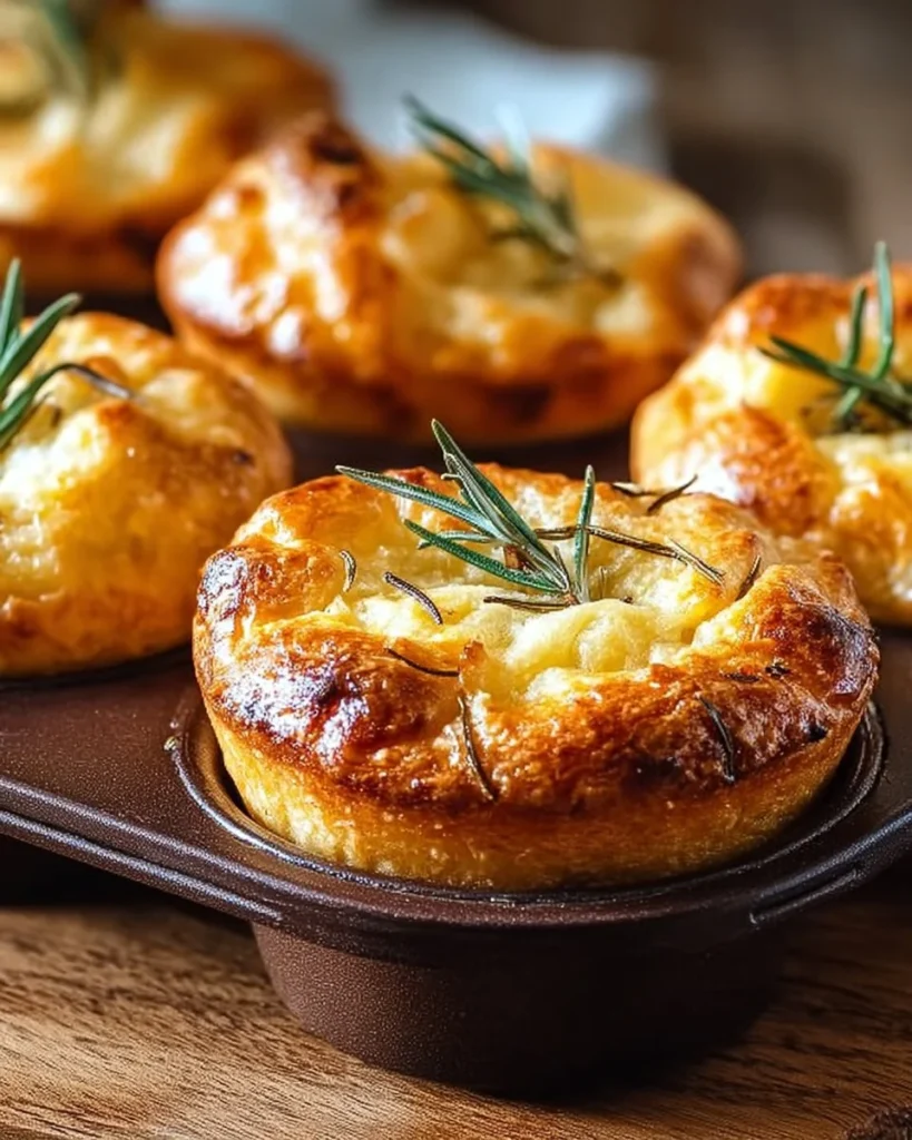 Golden crust garlic rosemary focaccia muffins on a wooden board