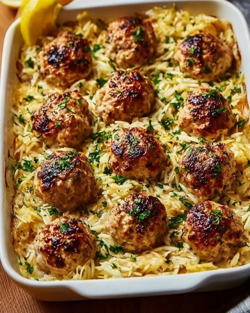Plate of Greek chicken meatballs with lemon orzo garnished with herbs.