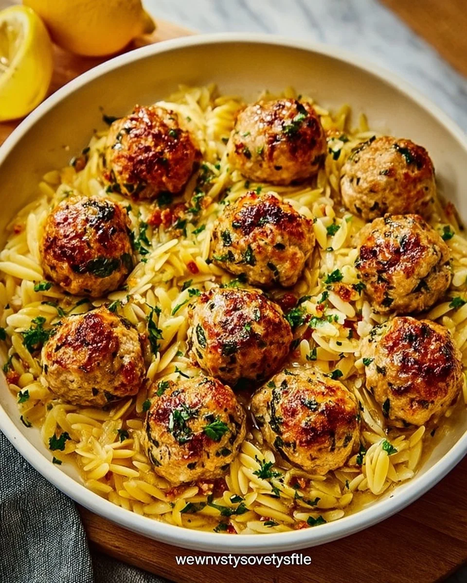 Greek Chicken Meatballs with Lemon Orzo