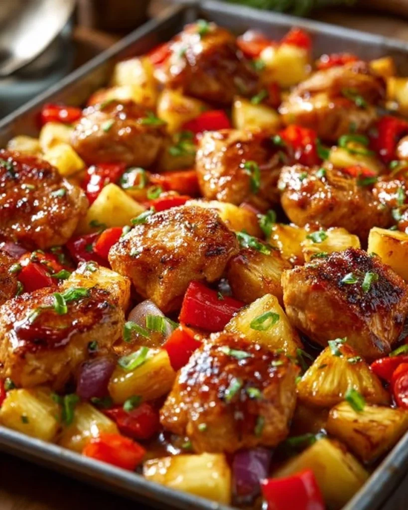Delicious Hawaiian Chicken Sheet Pan with vegetables and tropical flavors