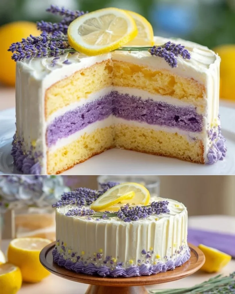 Lemon Lavender Cake with a beautiful lavender garnish and lemon zest