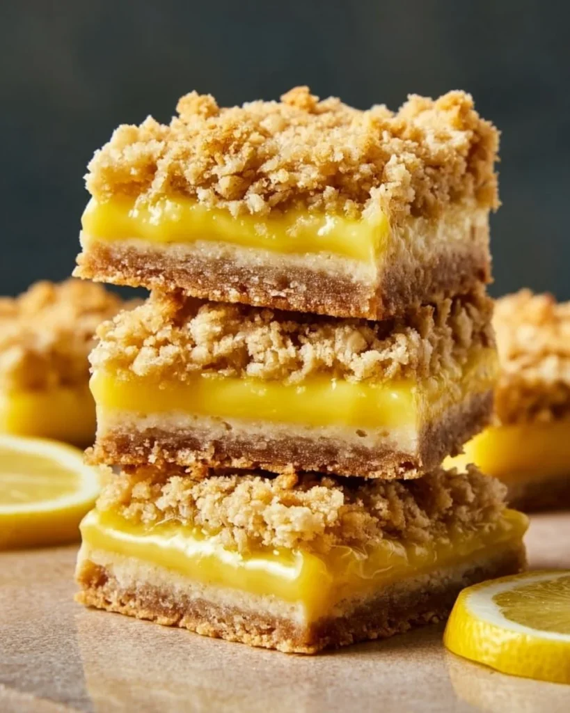 Delicious lemon oatmeal crumble bars with a crunchy topping and lemon zest.