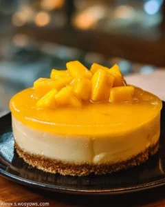 Delicious mango cheesecake topped with fresh mango slices and whipped cream.