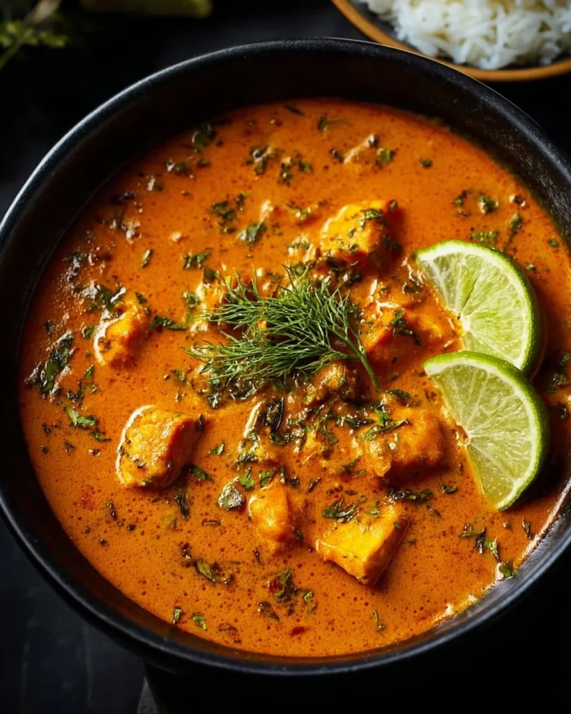 Delicious Mango Chicken Curry served with rice and garnished with fresh herbs