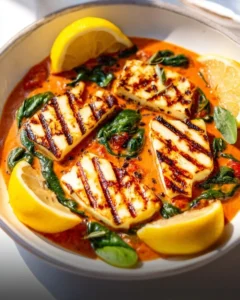 Delicious Marry Me Halloumi served with fresh vegetables on a plate.