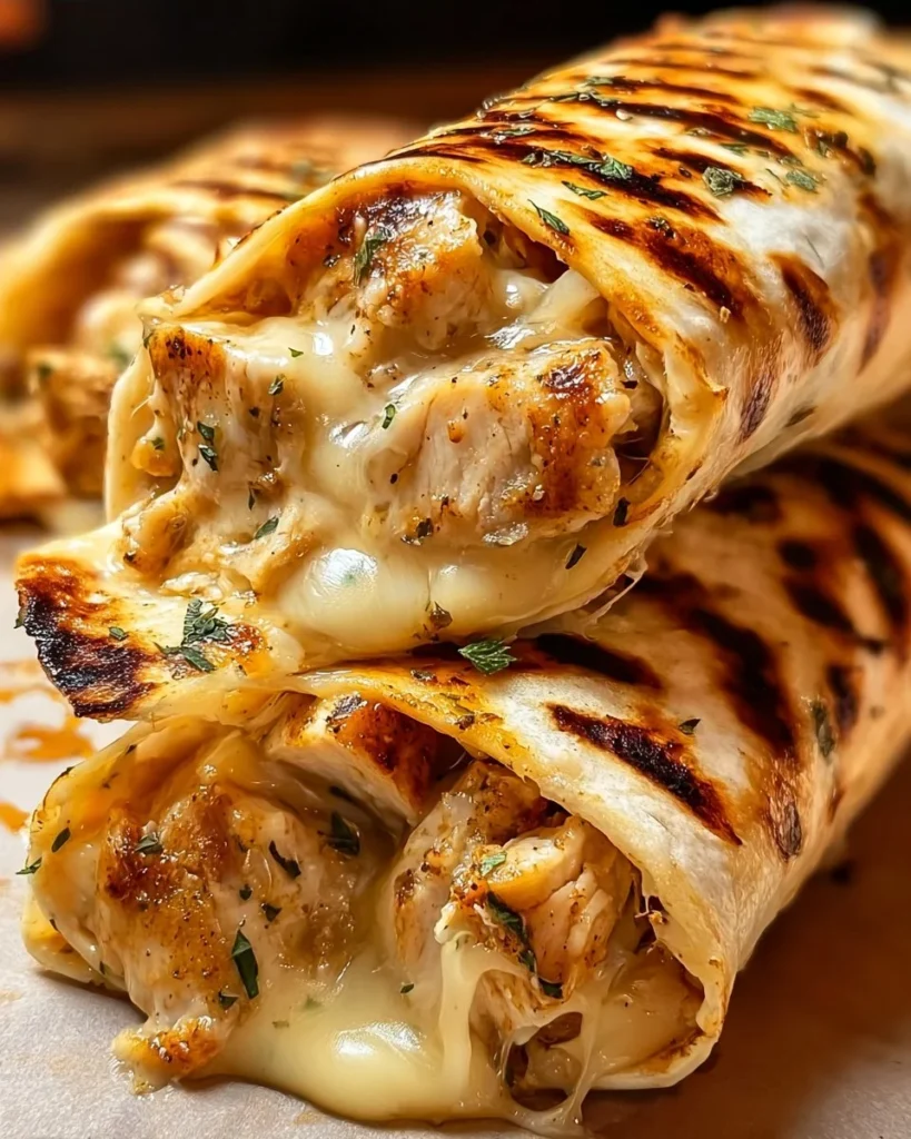 Cheesy garlic chicken wraps stuffed with gooey cheese and herbs