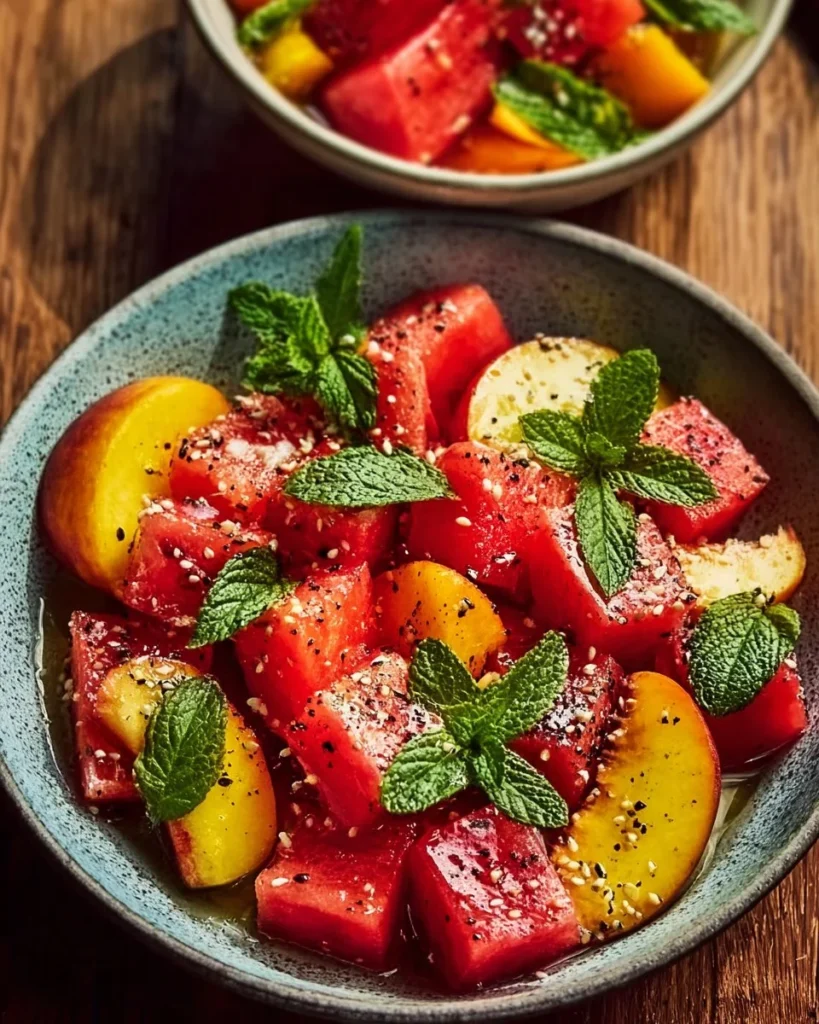 Colorful Peach and Watermelon Salad with mint leaves in a bowl