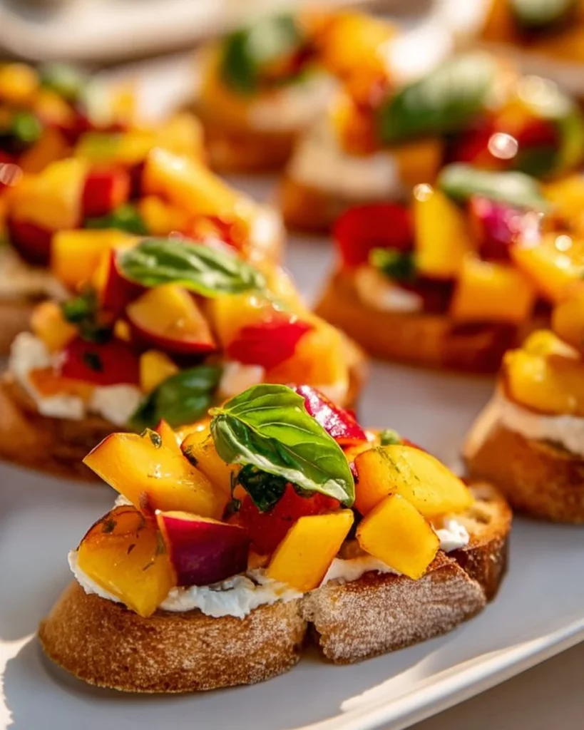 Peach Bruschetta topped with Goat Cheese and Honey on a wooden serving board