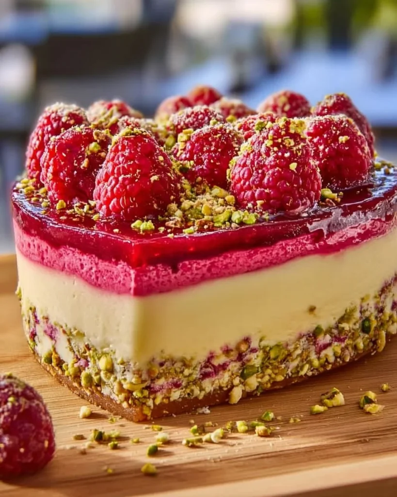Pistachio Raspberry Crunch Cheesecake topped with fresh raspberries and crushed pistachios