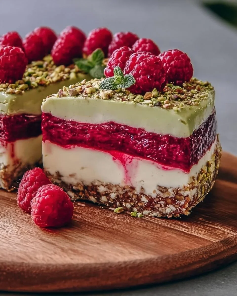 Pistachio Raspberry Crunch Cheesecake