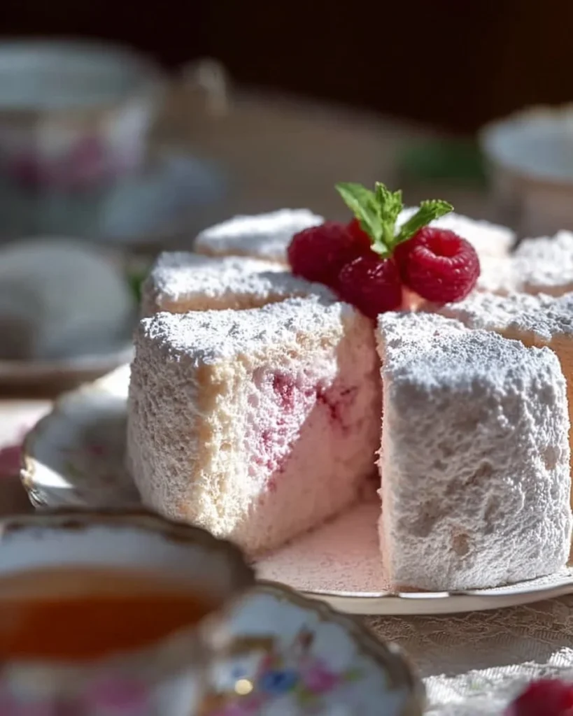 Slice of Raspberry Angel Food Cake topped with fresh raspberries and whipped cream