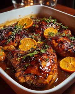 Delicious roasted orange chicken served on a platter with garnish