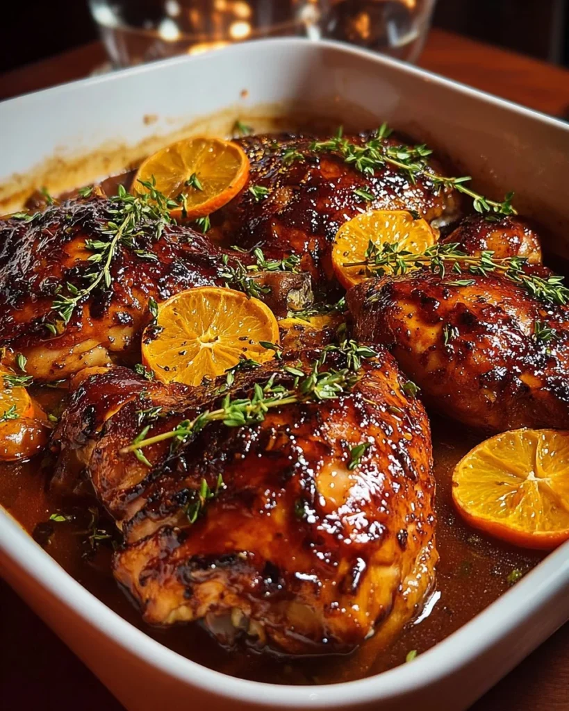 Delicious roasted orange chicken served on a platter with garnish