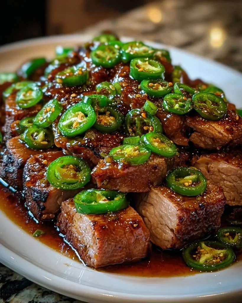 Delicious sweet jalapeno pork served with sides on a rustic table.