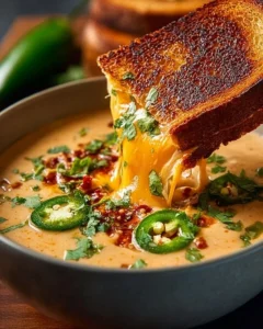 Bowl of spicy jalapeño popper soup with grilled cheese dippers on the side.
