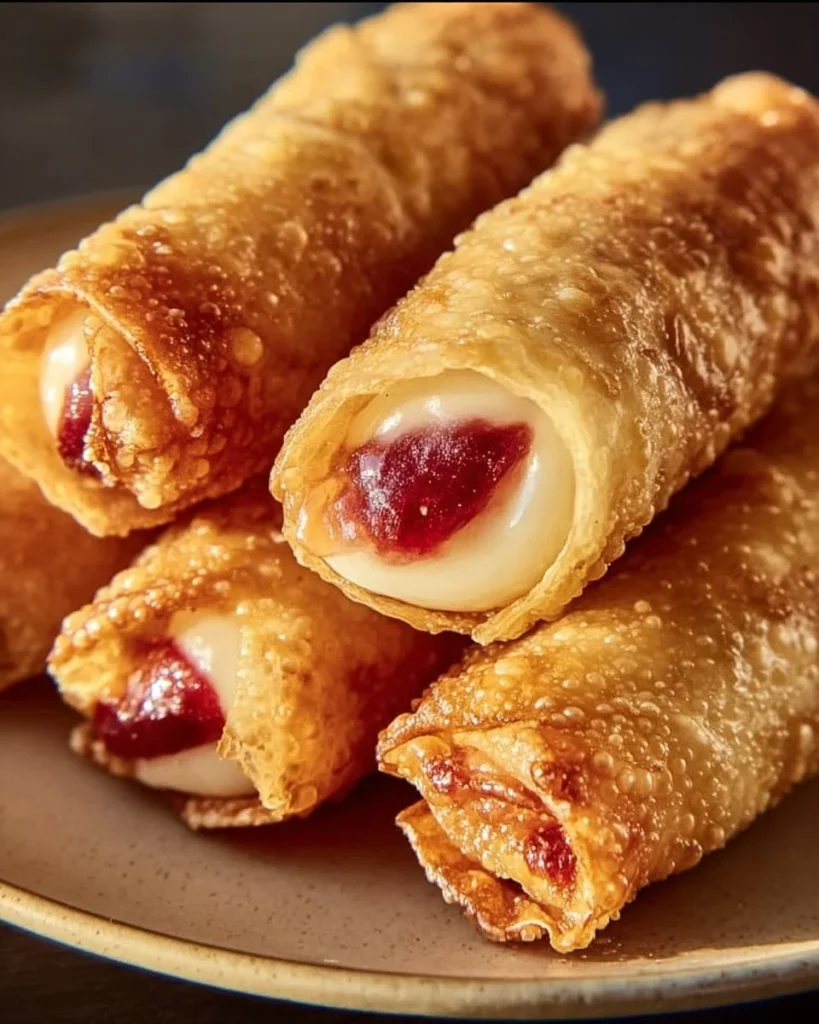 Strawberry cheesecake eggrolls served with a fruity sauce on a plate