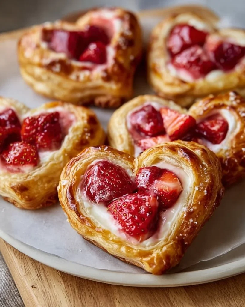 Heart-shaped Strawberry Cream Cheese Danishes on a plate