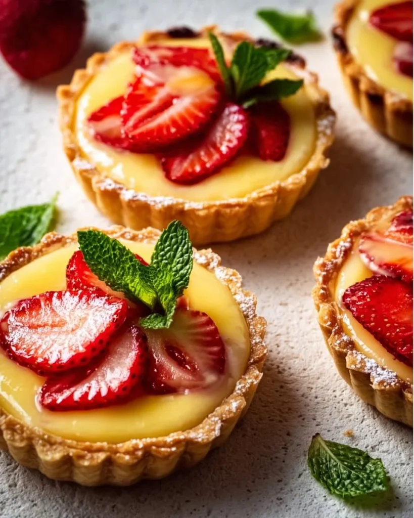 Delicious Strawberry Honey Custard Tarts with fresh strawberries and rich custard.