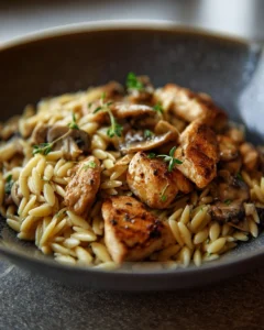 Plate of Marsala Chicken Orzo with mushrooms and herbs