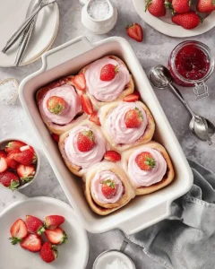 Freshly baked Strawberry Cinnamon Rolls topped with icing and strawberries